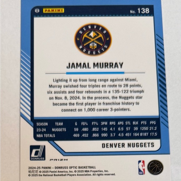 2024/25 Panini- Donruss Optic Basketball Jamal Murray # 138 Denver Nuggets - Picture 4 of 9